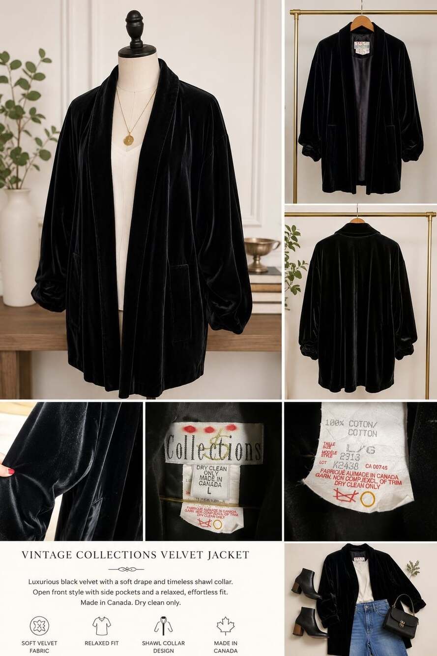 Collections Vintage Large Black Cotton Velvet Open-Front Shawl Jacket